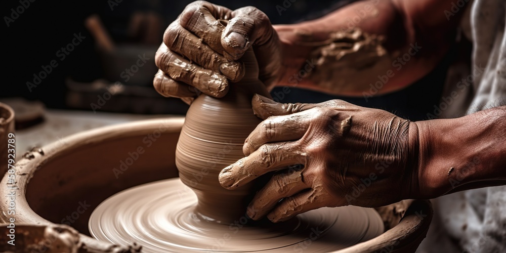 potter skillfully shaping clay pot on wheel with focus on process of