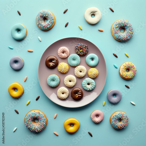 A bunch of donut with nice pastel color plating isolated background with AI generative technology