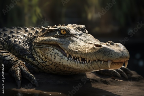 A ferocious and intimidating Nile Crocodile basking in the sun - This Nile Crocodile is basking in the sun, showing off its ferocious and intimidating nature. Generative AI