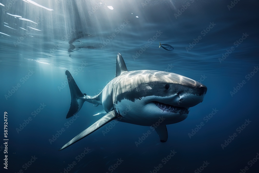 Fototapeta premium A fierce and intimidating Great White Shark swimming through the ocean. Generative AI