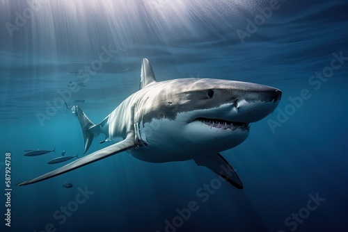 A fierce and intimidating Great White Shark swimming through the ocean. Generative AI
