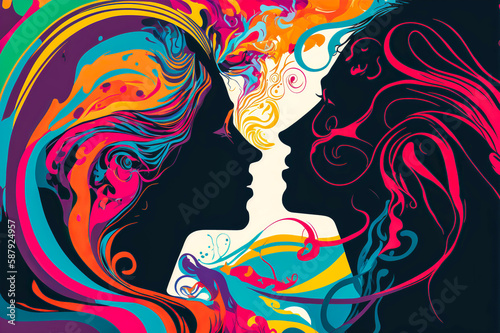 Couple kissing and looking into each other s eyes  on a background of bright and swirling colors. Intensity and passion of a young love transmitted. Generative AI