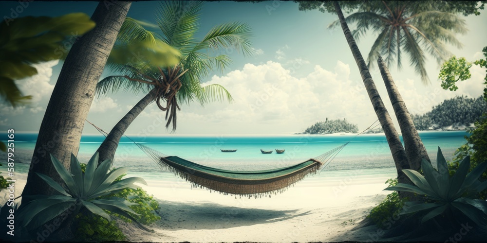 Fototapeta premium Hammock between palm trees on a paradise beach, generative ai