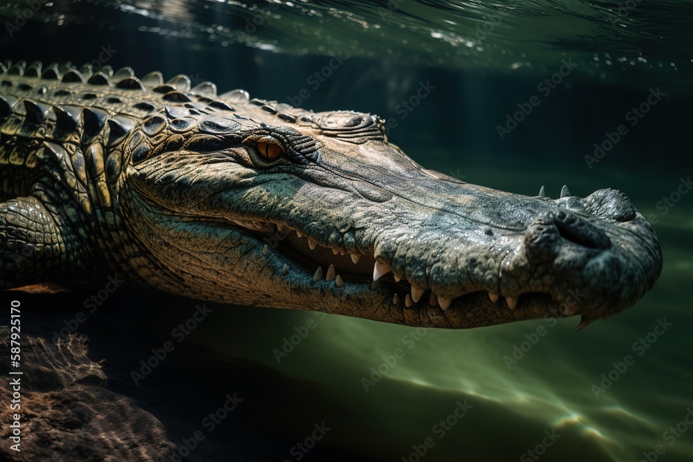 Fototapeta premium A fierce and intimidating Saltwater Crocodile lurking in the water, showing off its fierce and intimidating nature. Generative AI