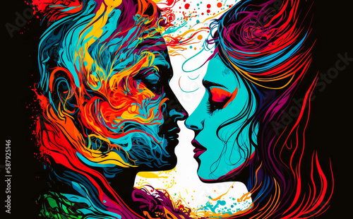 Stylized abstract illustration of the silhouette of a young couple kissing and looking into each other s eyes  on a background of bright and swirling colors. Generative AI
