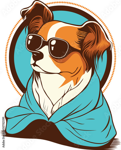 Dog wearing a sunglass and towel for beach party