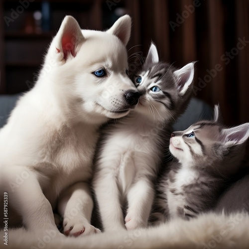 Husky dog with care about cute kittens
