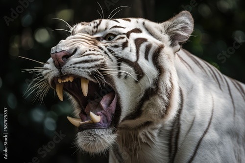 A fierce and majestic White Bengal Tiger roaring - This White Bengal Tiger is roaring  showing off its fierce and majestic nature. Generative AI