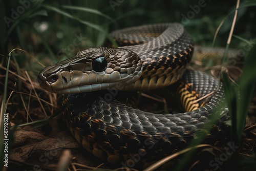 A fierce and powerful King Cobra slithering through the grass, showing off its fierce and powerful nature. Generative AI
