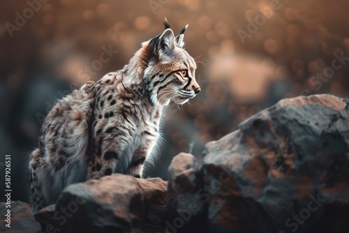 A fierce and predatory bobcat on a rocky ledge Generative AI