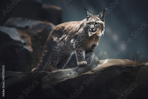 A fierce and predatory bobcat on a rocky ledge Generative AI