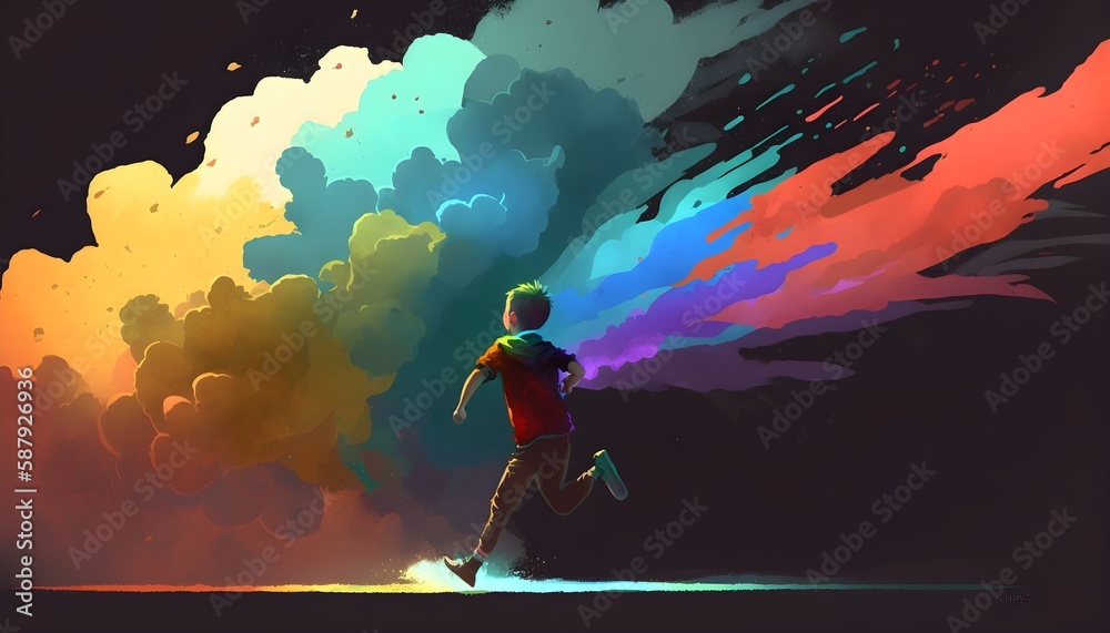 boy running and holding up colorful smoke flare on dark background, illustration painting, Generative AI