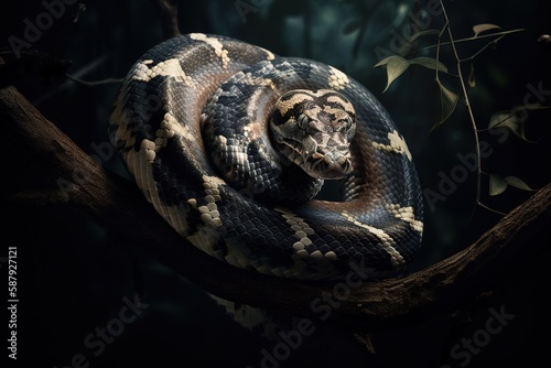 A fierce and predatory python coiled around a branch Generative AI