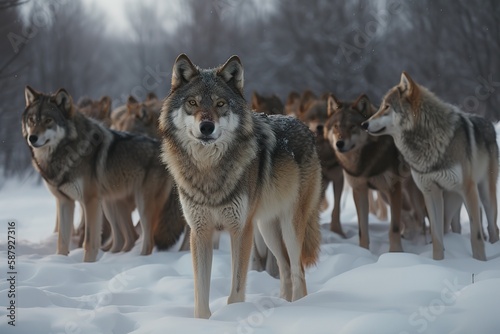 A fierce and predatory wolf pack in the winter snow Generative AI