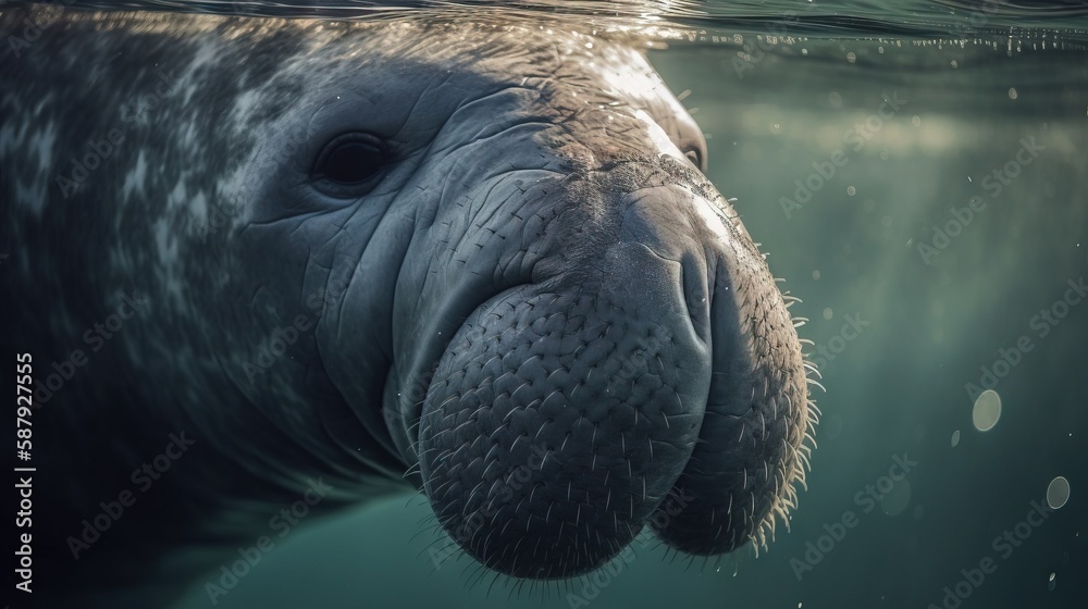 Manant a close up of a manant swimming in the water with its head above the ...
