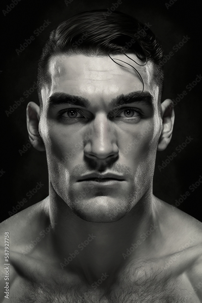 This striking Generative AI illustration captures the classic style and tough spirit of an old school boxer. The portrait features a rugged fighter with a chiseled jawline, wearing boxing gloves