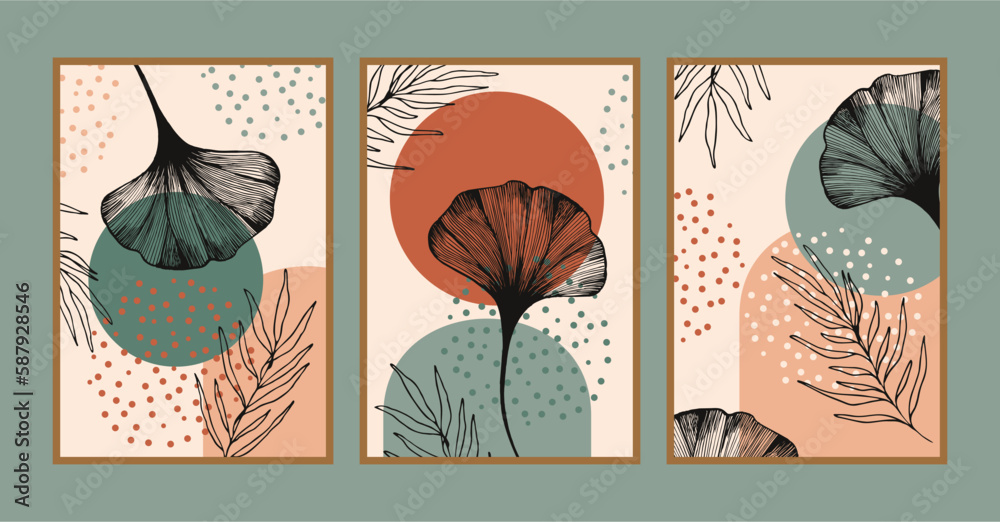 Botanical wall art vector set. Earth tone boho foliage line art drawing ...