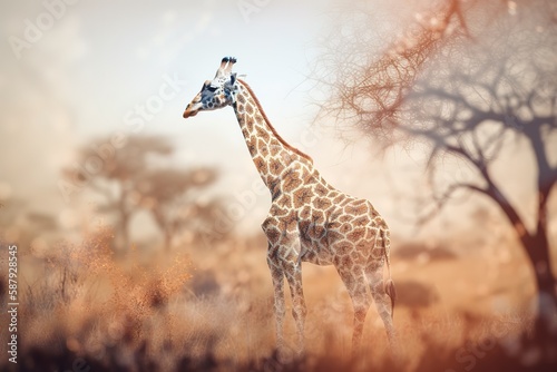 A graceful and elegant giraffe on the savanna. Generative AI