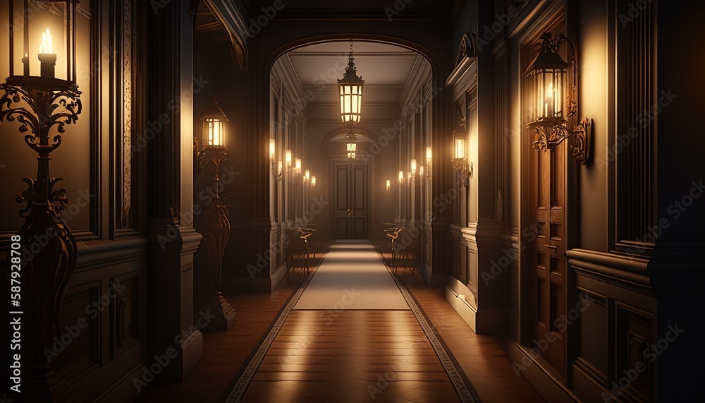 Victorian interior style long corridor at night with pale lighting. Generative AI