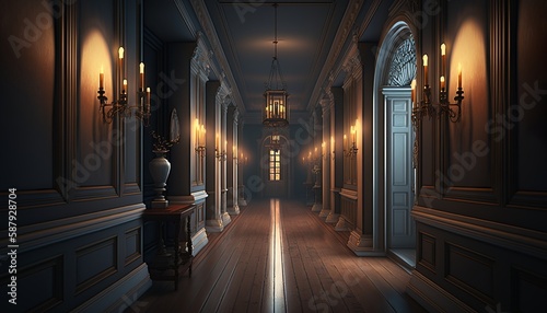 Victorian interior style long corridor at night with pale lighting. Generative AI