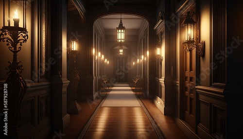 Victorian interior style long corridor at night with pale lighting. Generative AI