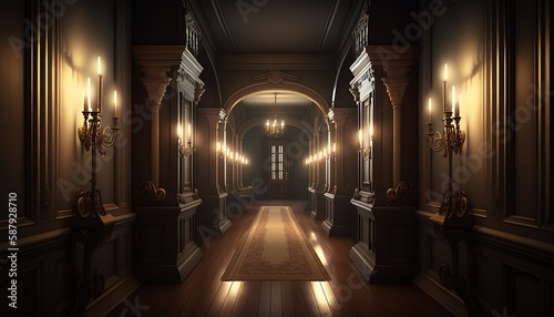 Victorian interior style long corridor at night with pale lighting. Generative AI