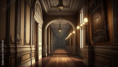 Victorian interior style long corridor. Generative AI