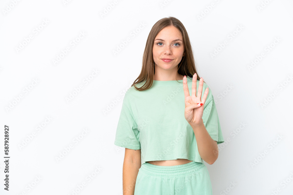 Young Lithuanian woman isolated on white background happy and counting four with fingers Young Lithuanian woman isolated on white background happy and counting four with fingers