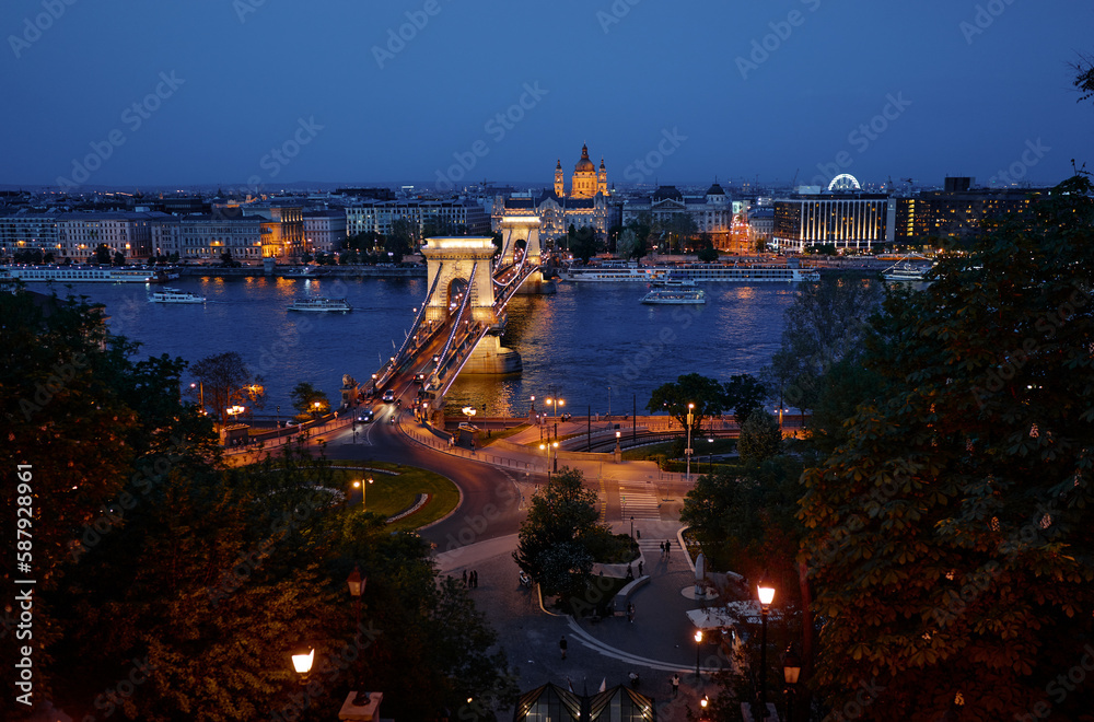 Naklejka premium Travel by Hungary. Beautiful view of Budapest city and Danube river at night