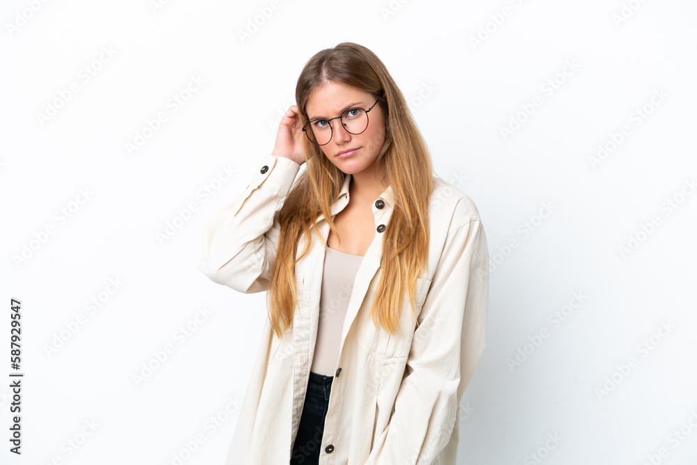 Young blonde woman isolated on white background having doubts Young blonde woman isolated on white background having doubts