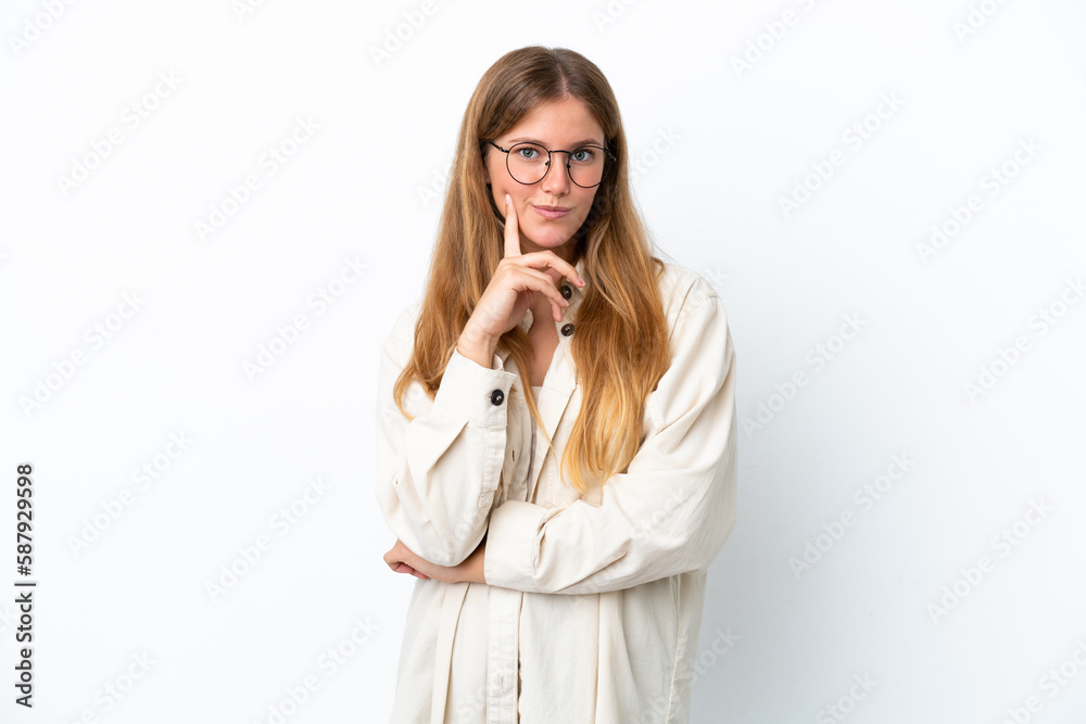 Young blonde woman isolated on white background and thinking Young blonde woman isolated on white background and thinking