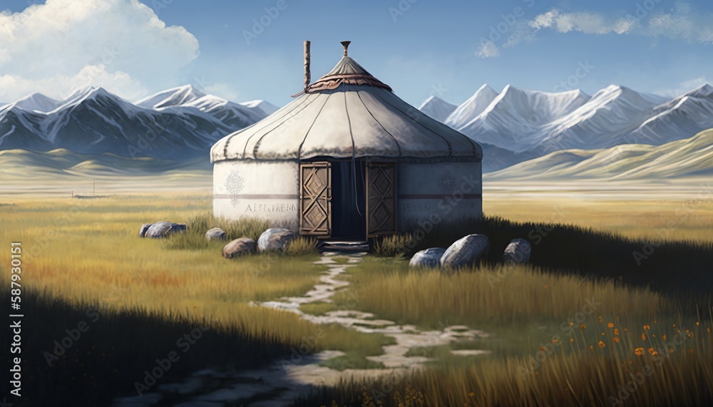 Traditional mongolian yurt on a grassy field with mountains in the background. Generative AI