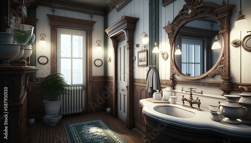 Victorian interior style bathroom with metal bathtub, mirror and washbasin. Generative AI