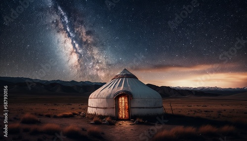 Traditional mongolian yurt at night under the milky way with mountains in the background. Generative AI