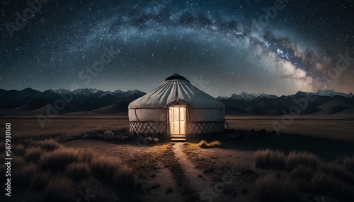 Traditional mongolian yurt at night under the milky way with mountains in the background. Generative AI photo