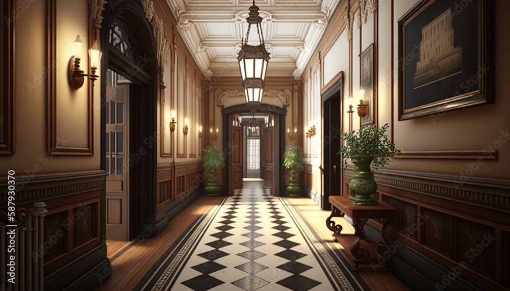 Victorian interior style hallway with potted plants, wooden furnitures, and door. Generative AI