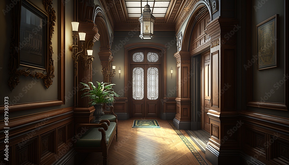 Victorian interior style hallway with potted plants, wooden furnitures, and door. Generative AI