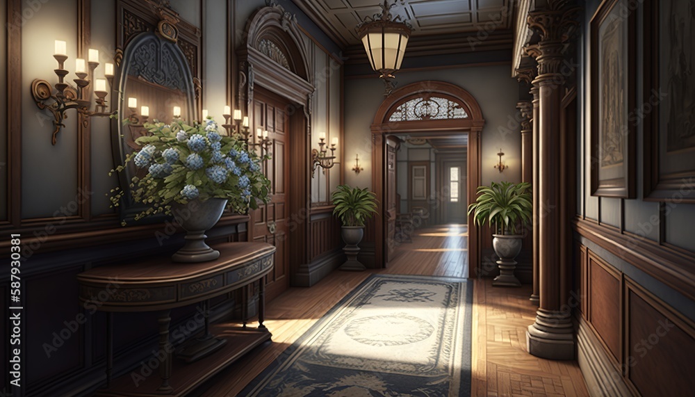 Victorian interior style hallway with potted plants, wooden furnitures, and door. Generative AI