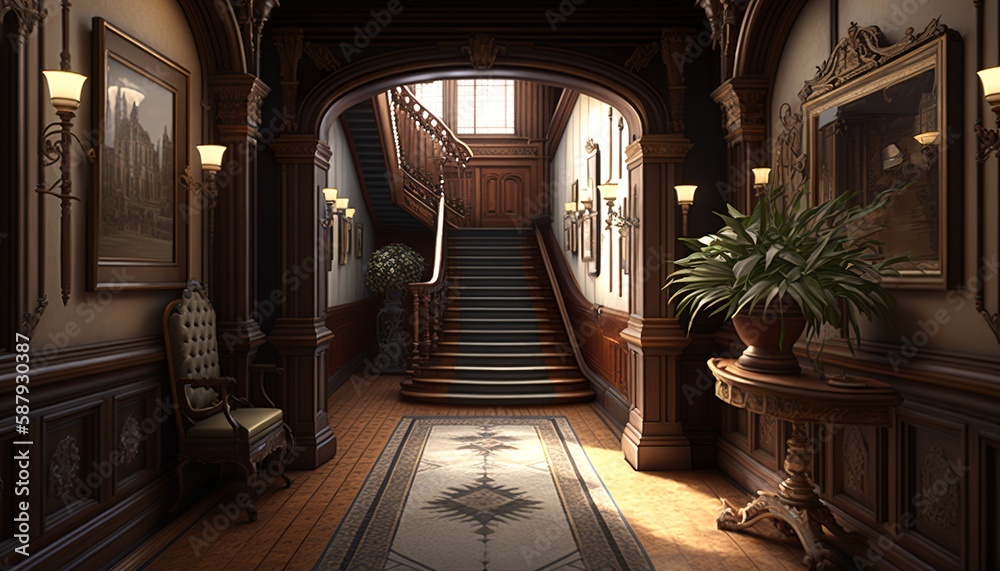 Victorian interior style hallway with wooden furnitures, and staircase with handrail. Generative AI