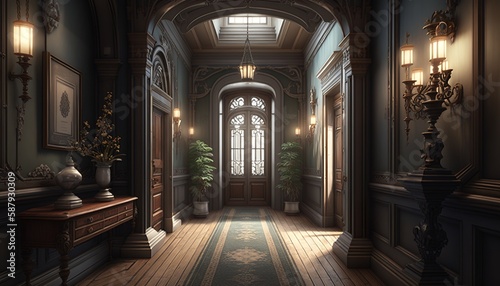 Victorian interior style hallway with potted plants  wooden furnitures  and door. Generative AI