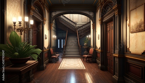 Victorian interior style hallway with potted plants, wooden furnitures, and door. Generative AI