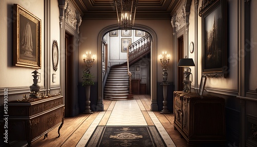 Victorian interior style hallway with wooden furnitures  and staircase with handrail. Generative AI
