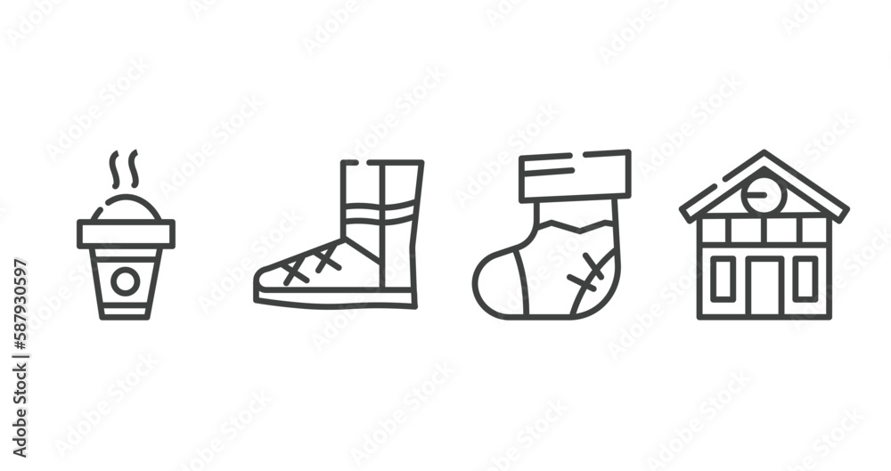 winter outline icons set. thin line icons sheet included hot drink, winter boots, christmas sock, chalet vector. winter outline icons set. thin line icons sheet included hot drink, winter boots, christmas sock, chalet vector.