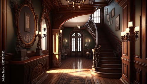 Victorian interior style hallway with wooden furnitures  and staircase with handrail. Generative AI