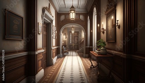Victorian interior style hallway with potted plants, wooden furnitures, and door. Generative AI