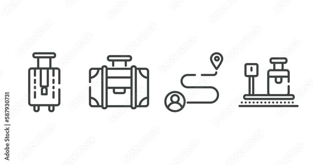 airport outline icons set. thin line icons sheet included bag for travel, travelling handle bag, journey, travelling baggage weight vector.