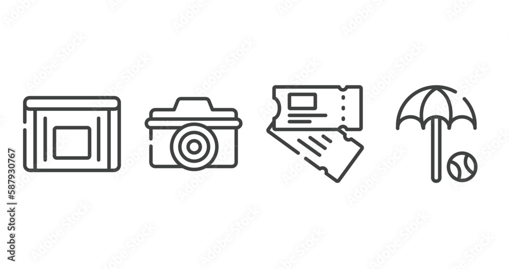 vacation outline icons set. thin line icons sheet included sick bag, digital camera, airplane flight ticket, beach umbrella and beach ball vector. vacation outline icons set. thin line icons sheet included sick bag, digital camera, airplane flight ticket, beach umbrella and beach ball vector.