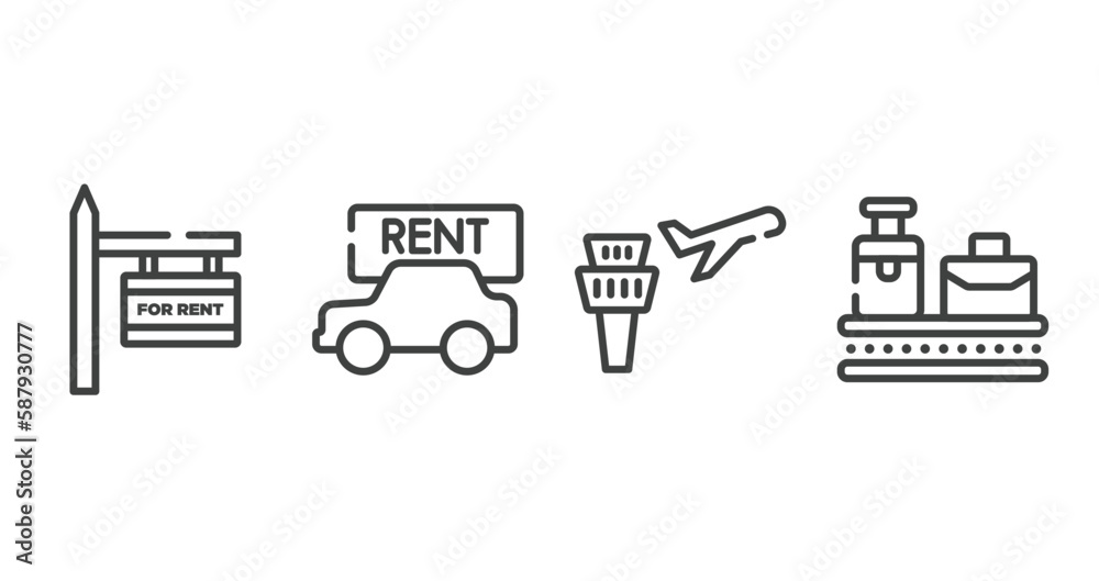 airport outline icons set. thin line icons sheet included rent, rent a car, airplane and airport tower, null vector. airport outline icons set. thin line icons sheet included rent, rent a car, airplane and airport tower, null vector.