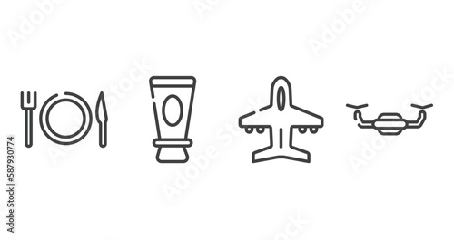 aviation outline icons set. thin line icons sheet included plate  knife and fork  skin sunscreen  plane diagonal  unmanned vector.