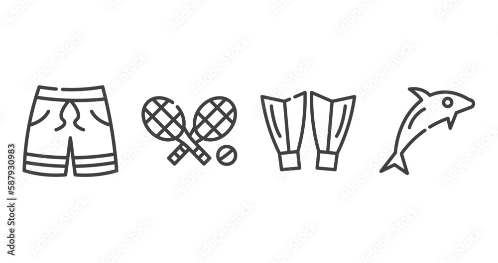 summer outline icons set. thin line icons sheet included swimming trunks, rackets, diving fins, dolphin on water waves vector. summer outline icons set. thin line icons sheet included swimming trunks, rackets, diving fins, dolphin on water waves vector.